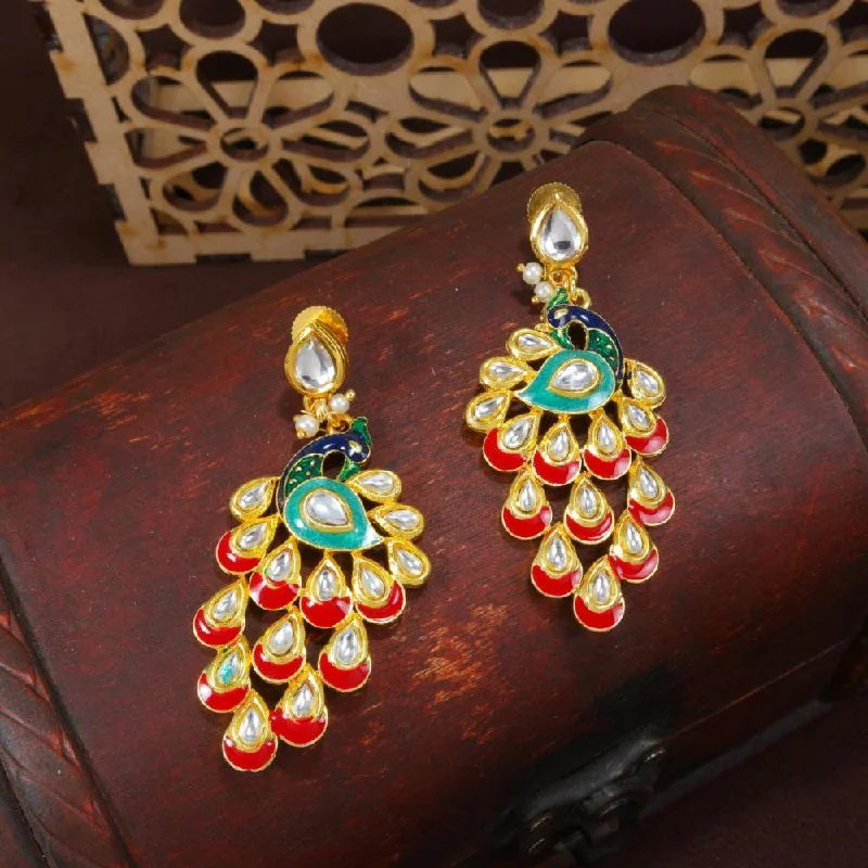 Cute Heart Earrings-Etnico Gold Plated Meenakari Kundan Studded Peacock Design Dangle Earrings For Women (E2918R)