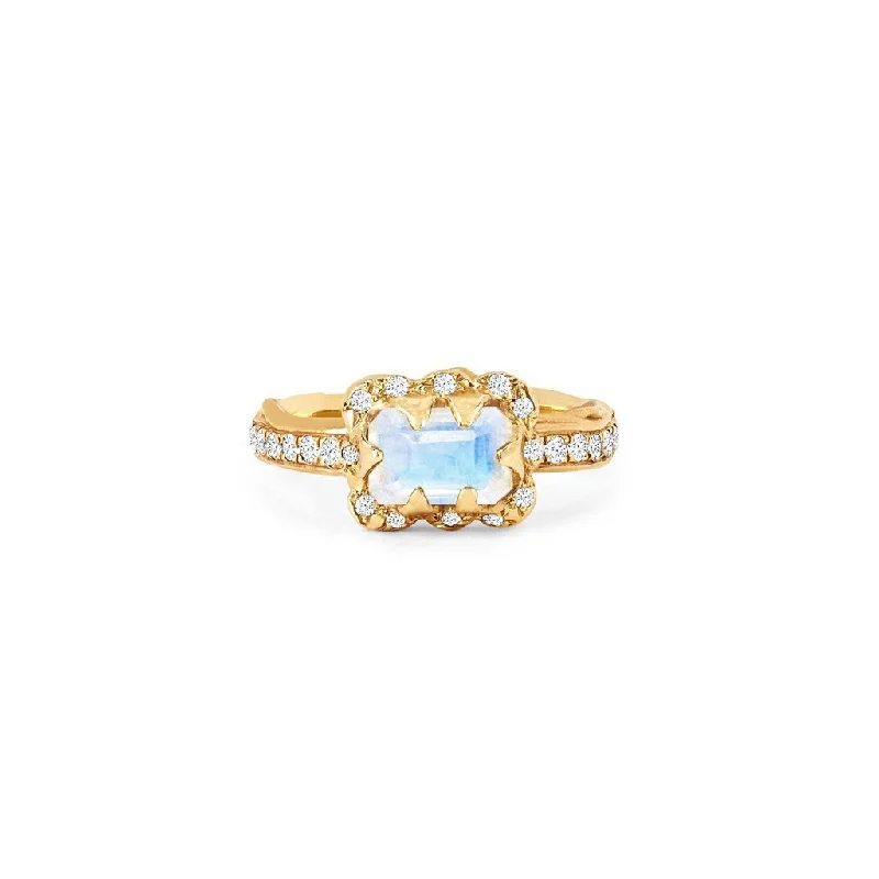 Custom Oval Diamond Rings-Micro Queen Emerald Cut Moonstone Ring with Sprinkled Diamonds | Ready to Ship