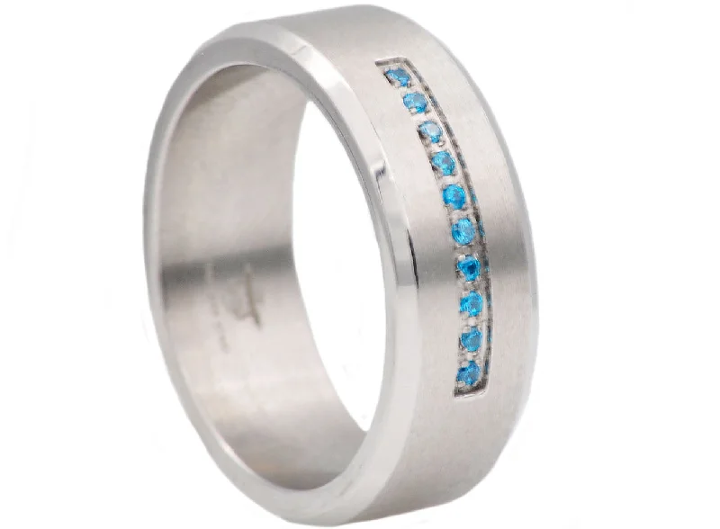 Modern Wedding Bands for Men-Mens Stainless Steel Ring With Blue Cubic Zirconia