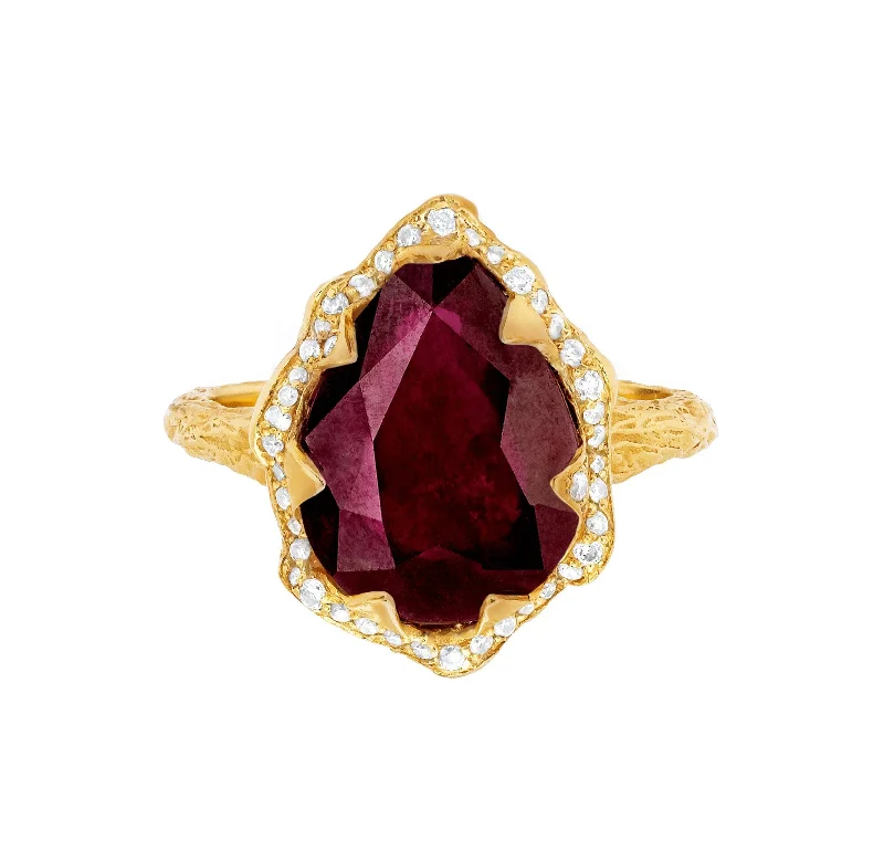 Bohemian Style Rings-Queen Water Drop Natural Ruby Ring with Full Pavé Diamond Halo