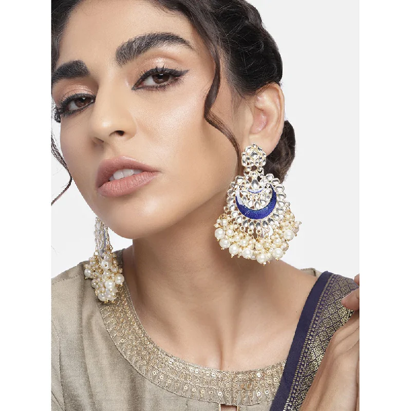 Artistic Earrings for Women-Etnico Gold Plated Intricately Designed Traditional Meenakari Chandbali Earrings Glided With Kundans & Pearls (E306Bl) For womens