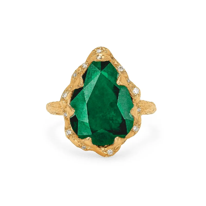 Elegant Ruby Rings-18k Queen Water Drop Zambian Emerald Ring with Sprinkled Diamonds