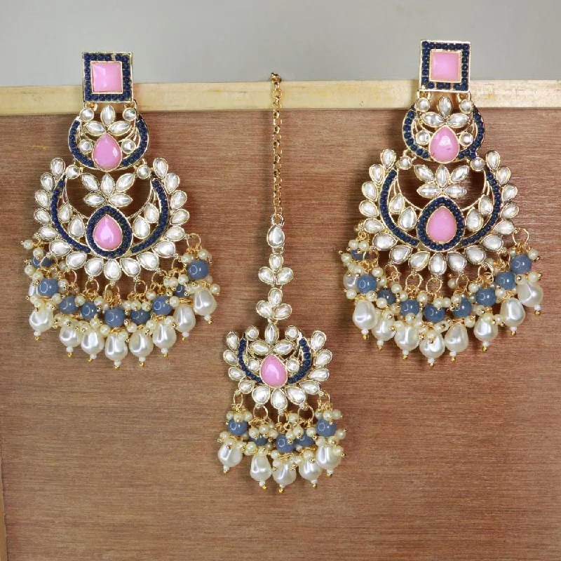 Bridal Earrings for Bridesmaids-Etnico Gold Plated Traditional Kundan & Pearl Chandbali Earrings with Maang Tikka Set for Women/Girls (TE3021Pemt)