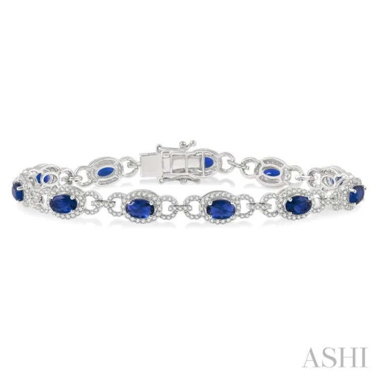 Custom Letter Bracelets-1 3/4 Ctw Round Cut Diamond & 6x4MM Oval Cut Sapphire Precious Bracelet in 14K White Gold