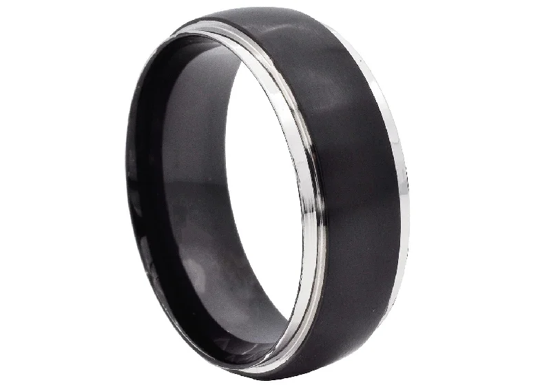 Simple Gold Rings for Men-Men's Black & Silver Stainless Steel 8mm Band Ring