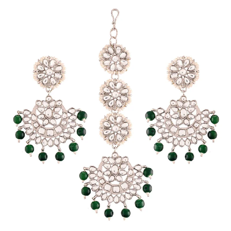 Chunky Earrings for Parties-Etnico18K Rhodium Plated with Stunning Matte Finish Traditional Kundan & Faux Pearl Chandbali Earrings with Maang Tikka Set (TE2911ZG)