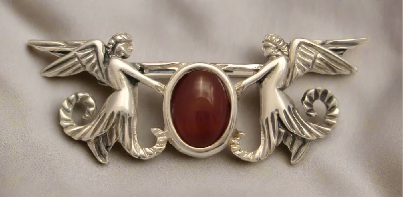 Artistic Crystal Brooch for Women-Greek Traditional Angels Brooch in Sterling silver with Carnelian (K-18)