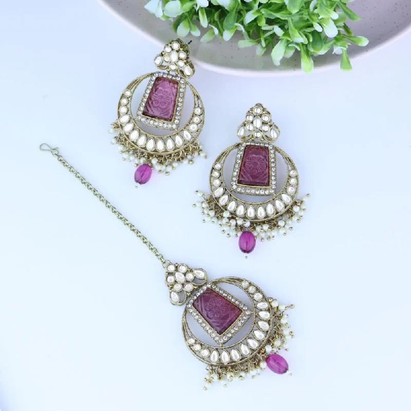 Vintage Pearl Earrings-Etnico Gold Plated Traditional Pearl Hanging Kundan Stone Chandbali Earring With Maang Tikka For Women/Girls(TE3028Pu)