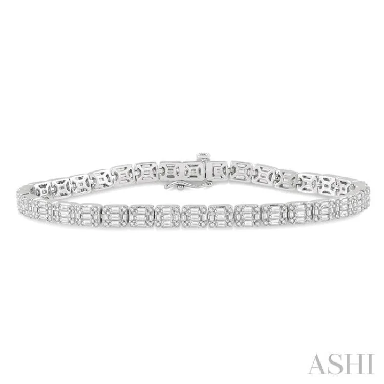 Unique Beaded Charm Bracelets-3 1/4 Ctw Fusion Baguette and Round Cut Diamond Tennis Bracelet in 14K White Gold