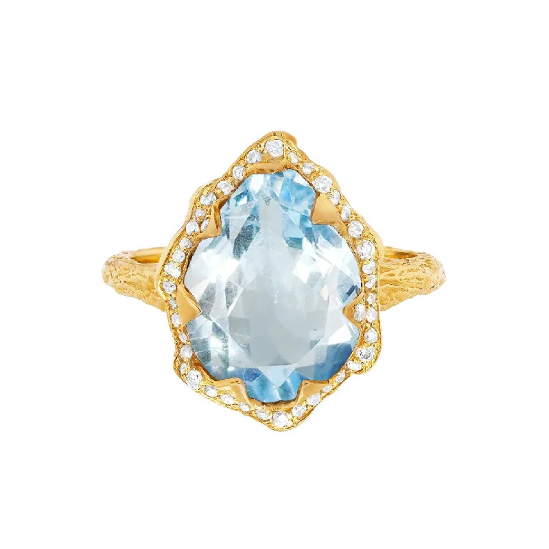 Stackable Rings for Women-Queen Water Drop Aquamarine Ring with Full Pavé Diamond Halo