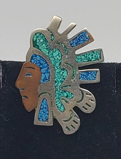 Vintage Brooch with Gemstone Accents-Vintage Aztec Warrior Head Pendant/Brooch