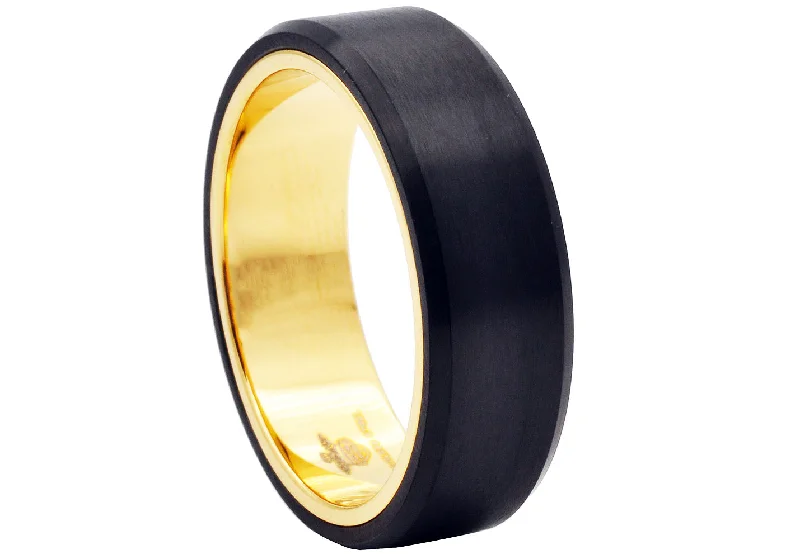 Trendy Stackable Rings-Mens Two Tone Black And Gold Stainless Steel Ring With a Brushed Finish