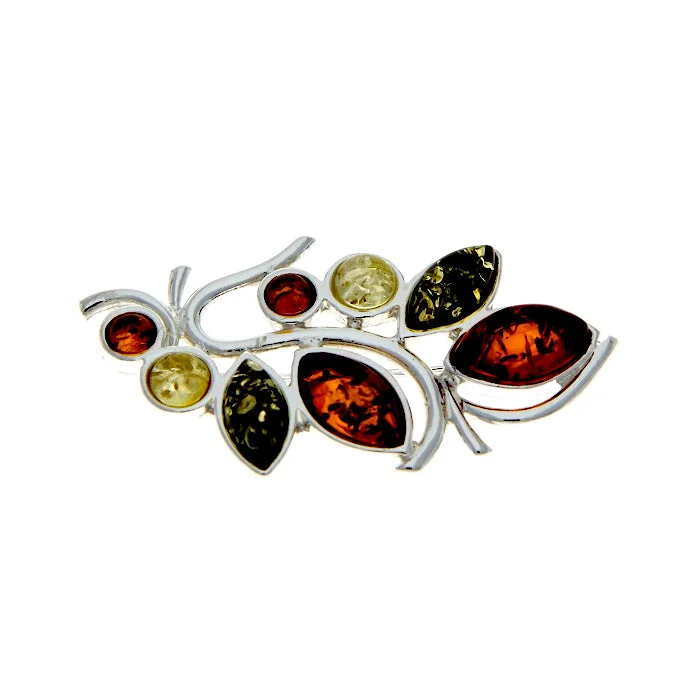 Simple Brooch with Sapphire Stones-Sterling Silver & Multi-Color Amber Brooch