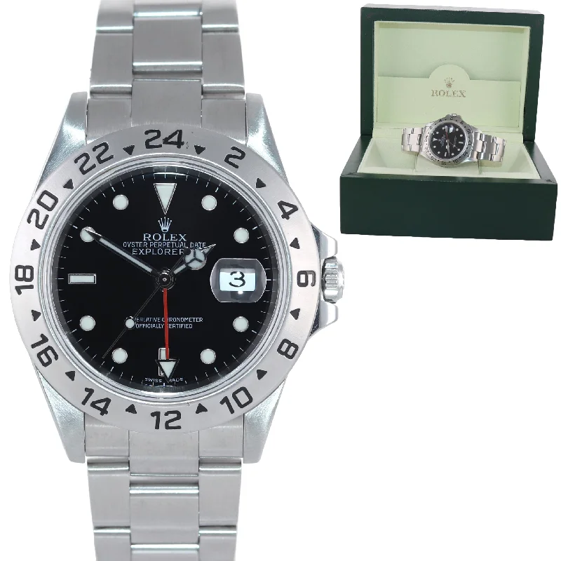 High-Tech Men’s Smart Watches-2005 Rolex Explorer II 16570 Stainless Steel Black Dial GMT 40mm No Holes Watch