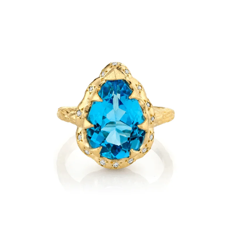 Birthstone Stackable Rings-Queen Water Drop Blue Topaz Ring with Sprinkled Diamonds | Ready to Ship