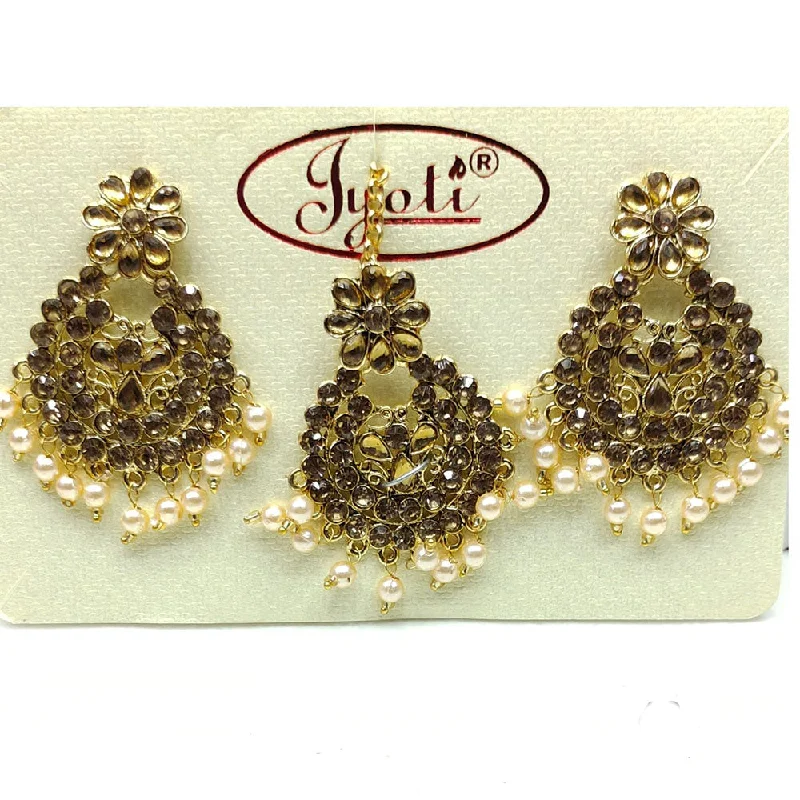 Glittery Earrings for Parties-Tip Top Jewellers Gold Plated Austrian Stone And Pearl Earrings With Mangtikka