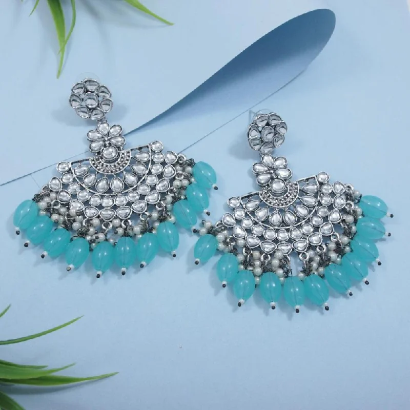 Bright Silver Earrings-Etnico Silver Oxidised Kundan & Pearl Chandbali Earrings For Women (E3106ZSb)