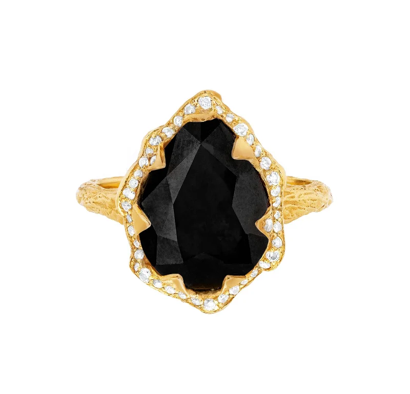 Birthstone Rings for Women-Queen Water Drop Onyx Ring with Full Pavé Diamond Halo