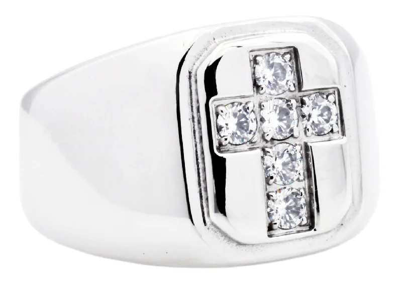 Platinum Wedding Rings for Women-Mens Stainless Steel Cross Ring WIth Cubic Zirconia