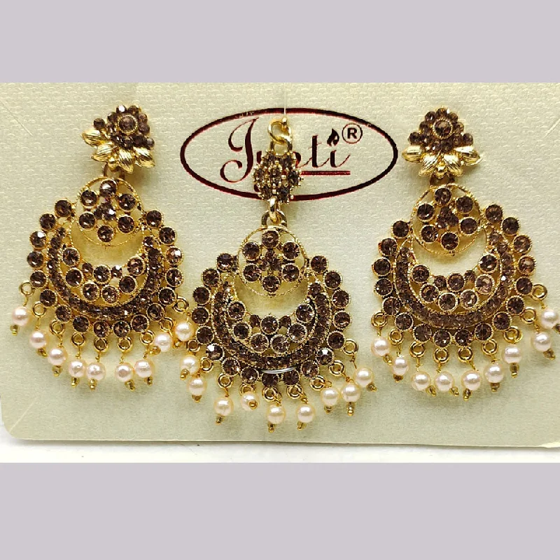 Unique Earrings for Gifts-Tip Top Jewellers Gold Plated Austrian Stone And Pearl Earrings With Mangtikka