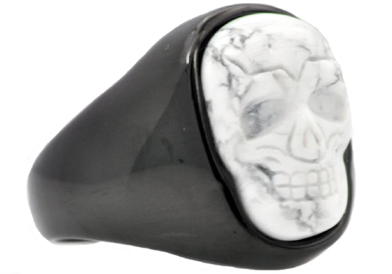 Stunning Diamond Rings-Mens Genuine Howlite Black Plated Stainless Steel Skull Ring