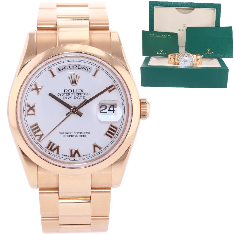 Solar-Powered Watches with Time Zones-2001 Rolex President Day Date Rose Gold 118205 White Roman Modern Watch Box