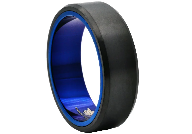 Classy Wedding Rings-Mens Two Tone Black And Blue Stainless Steel Ring With a Brushed Finish