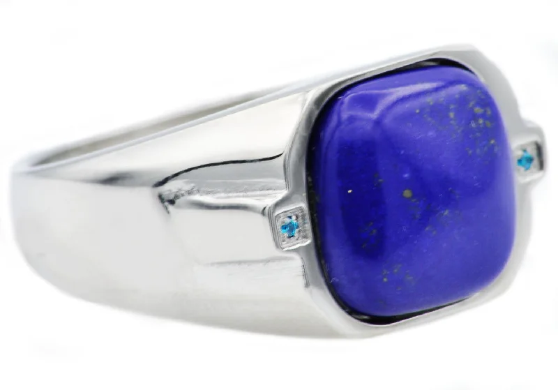 Custom Wedding Rings with Birthstones-Mens Genuine Lapis Lazuli Stainless Steel Ring With Blue Cubic Zirconia