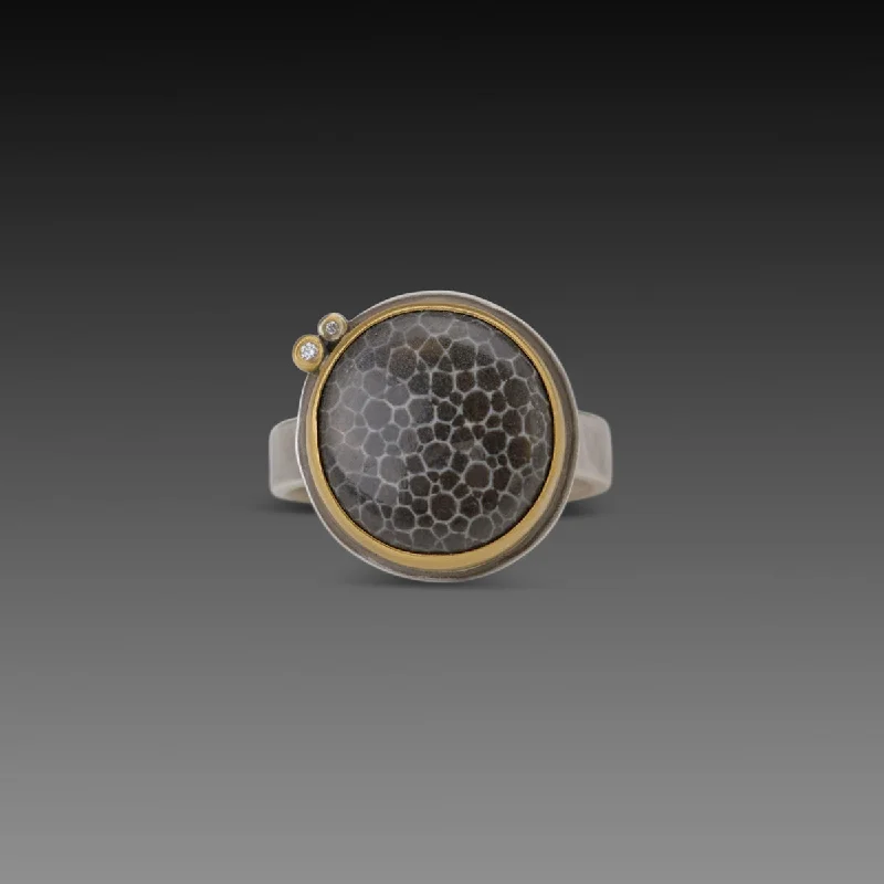 Simple Gold Rings for Women-Round Bryozoan Fossil Ring