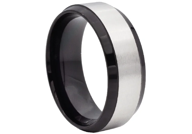 Unique Gemstone Rings-Mens Black Plated Brushed Stainless Steel 8mm Band