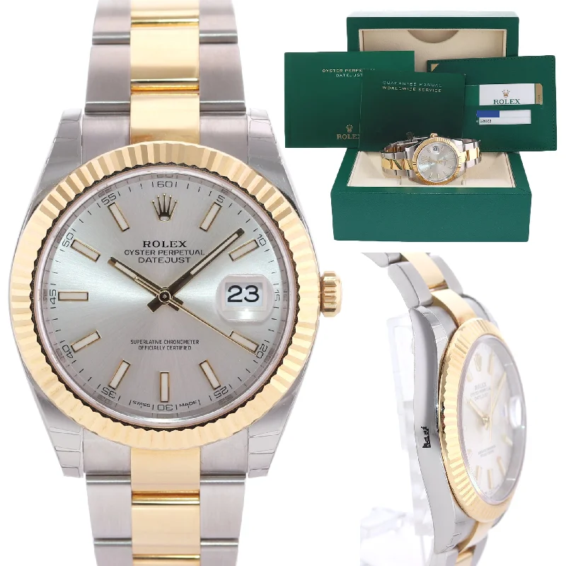 Custom Engraved Watches-NEW PAPERS Rolex DateJust 41 126333 Two Tone Gold Silver Oyster Watch Box