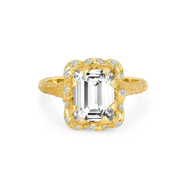 Custom Gold Wedding Rings-Queen Emerald Cut Diamond Setting with Sprinkled Halo