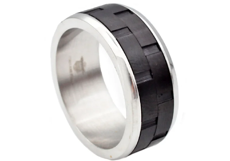 Diamond Wedding Rings-Mens Black And Silver Stainless Steel Brick Design 9mm Band Ring