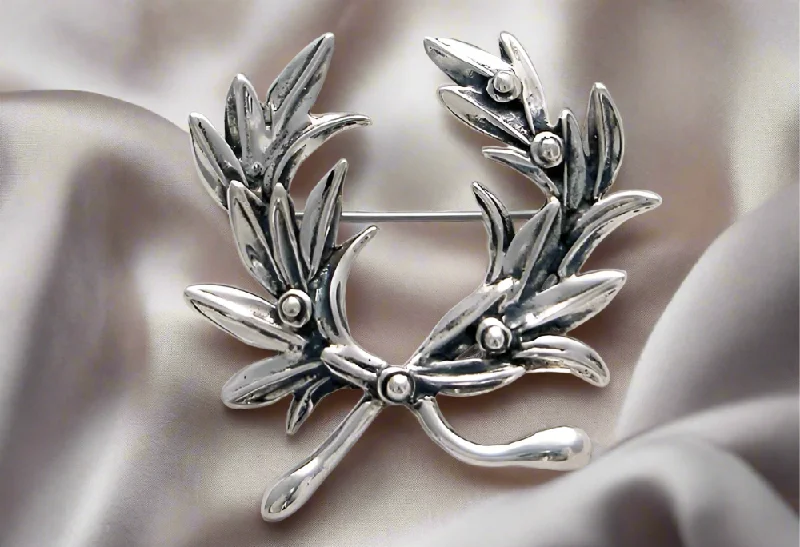 Vintage Brooch with Pearls-Kotinos Olive leaf Wreath brooch in Sterling Silver (K-36)