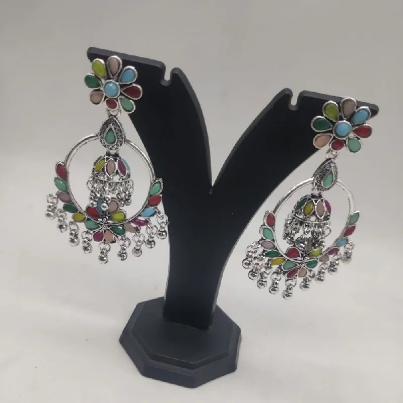 Multi-Strand Earrings-SNERA Oxidised Plated Pota Stone And Ghungroo Dangler Earrings