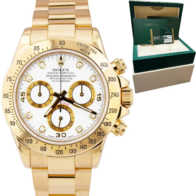 Women’s Watches with Slim Design-2014 Rolex Daytona 40mm White DIAMOND 18K Gold Chronograph Watch 116528 PAPERS