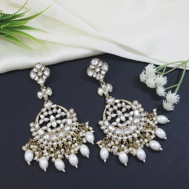 Large Statement Earrings-Etnico Gold Plated Traditional Kundan & Pearl Chandbali Earrings For Women (E3157W)