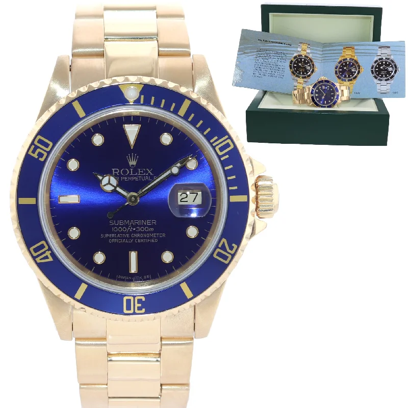 Classic Automatic Watches for Men-Rolex 16618 Submariner 18K Yellow Gold Blue 40MM Sunburst Dial Watch Box