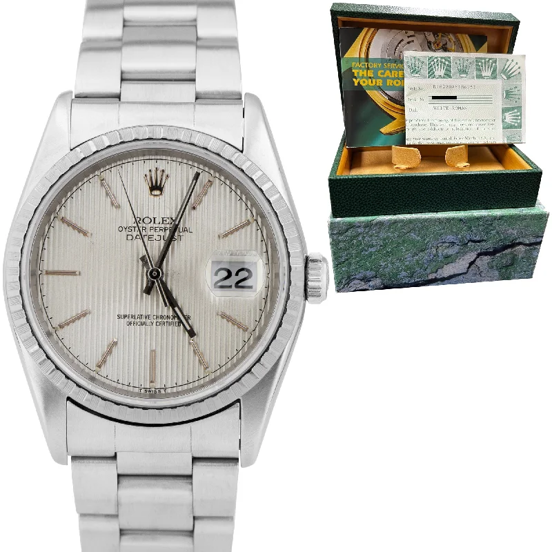 Solar-Powered Sports Watches-2001 Rolex DateJust 36mm NO-HOLES Silver TAPESTRY Stainless Watch 16220 B+P