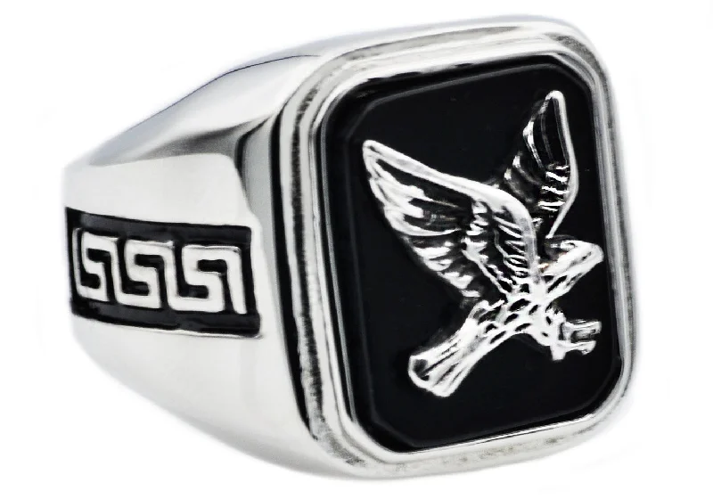 Designer Engagement Rings-Mens Onyx And Stainless Steel Eagle Ring