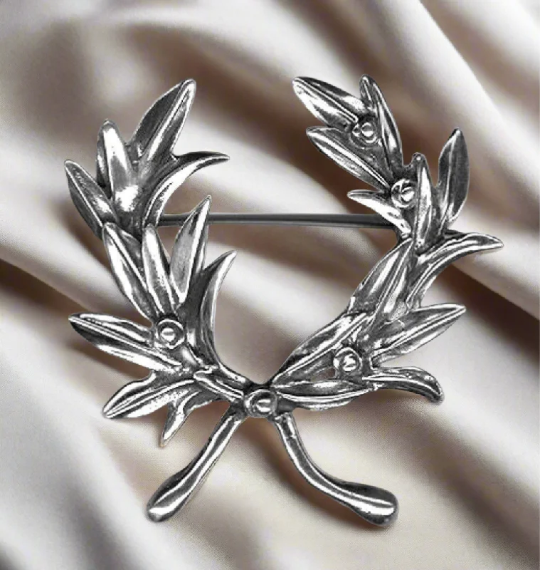 Handcrafted Silver Brooch-Kotinos Olive leaf Wreath brooch in sterling Silver (K-01)