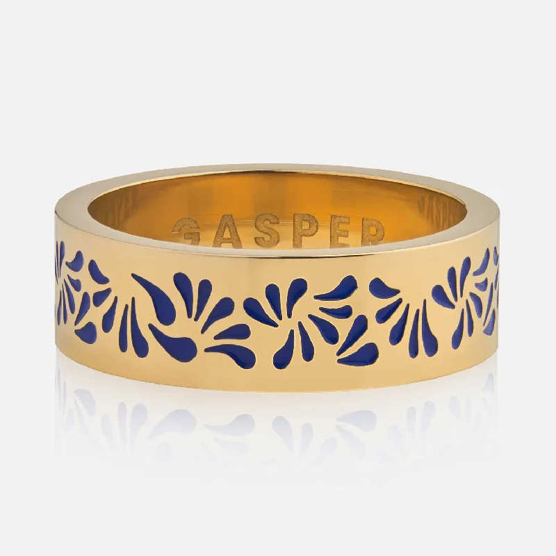 Unique Gold Wedding Rings-Floral Band Ring - Blue