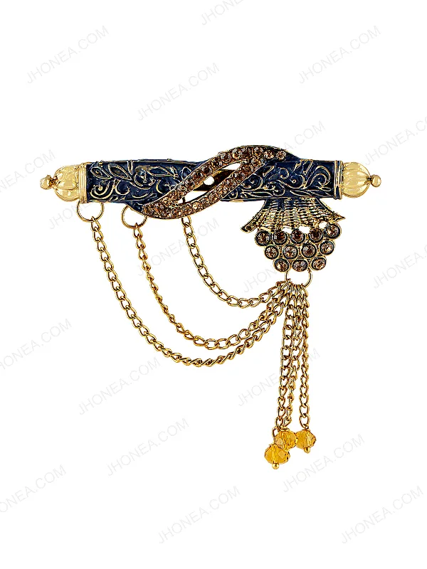 Stylish Butterfly Brooch for Weddings-Antique Gold Diamond Ethnic Chain Brooch