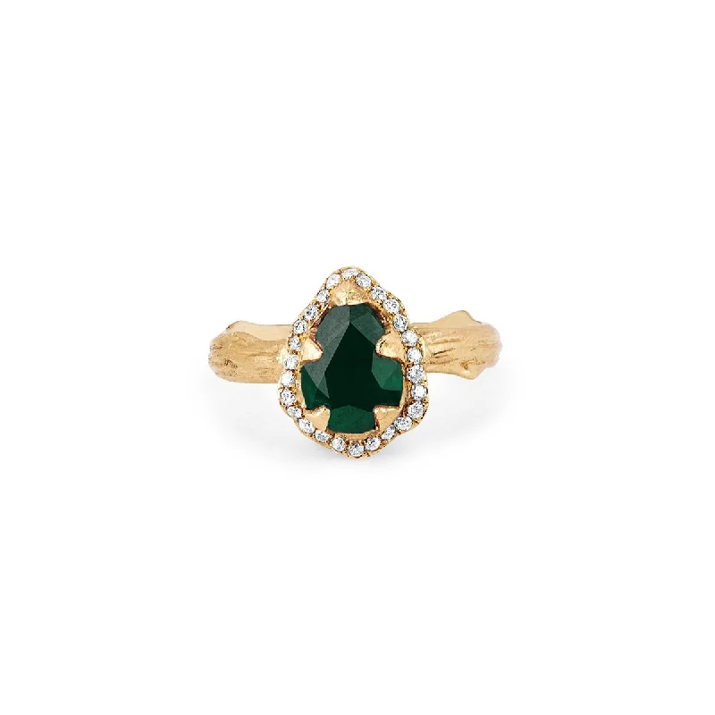 Colored Gemstone Rings-Micro Queen Water Drop Emerald Rose Thorn Ring with Pavé Diamond Halo