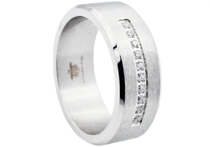 Fashionable Silver Rings-Mens Stainless Steel Ring With Cubic Zirconia