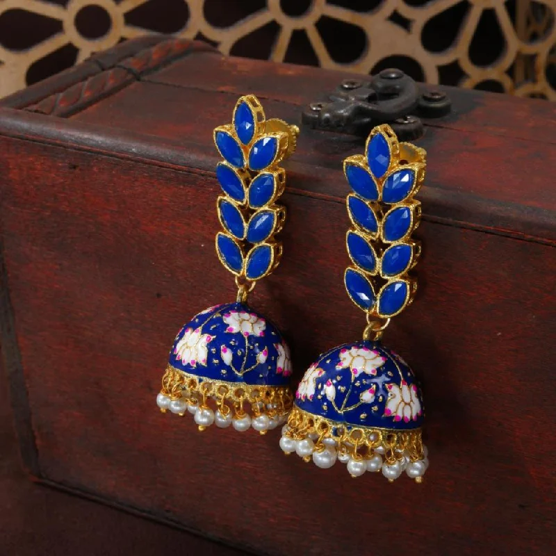 Small Hoop Earrings-Etnico Gold Plated Meenakari Leaf Shaped Pearl Drop Jhumka Earrings For Women (E2922Bl)