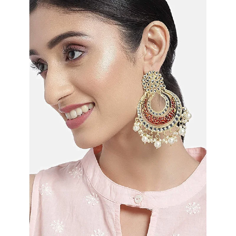 Colorful Dangle Earrings-Etnico 18k Gold Plated Enamel/Meenakari Big Chandbali Earrings Glided With Kundan & Pearl for Women (E2860M)