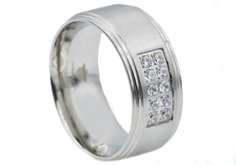 Trendy Stackable Rings-Mens Stainless Steel Band With Cubic Zirconia