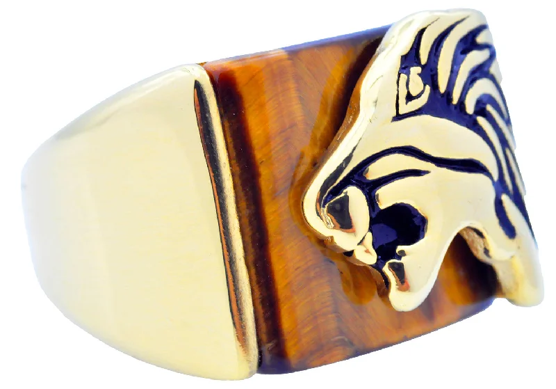 Elegant Titanium Rings-Mens Genuine Tiger Eye Gold Stainless Steel Lion Ring