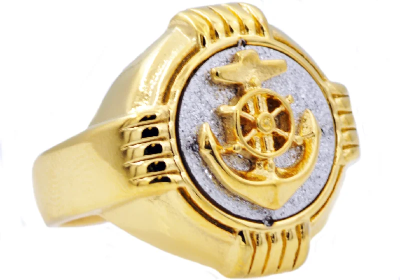 Handcrafted Engagement Rings-Mens Genuine Gold Stainless Steel Sandblasted Anchor Ring